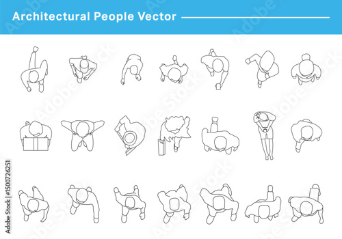 CAD Drawings. Set people outlines isolated on grey background. Sitting, walking, running. Top view. Vector illustration.