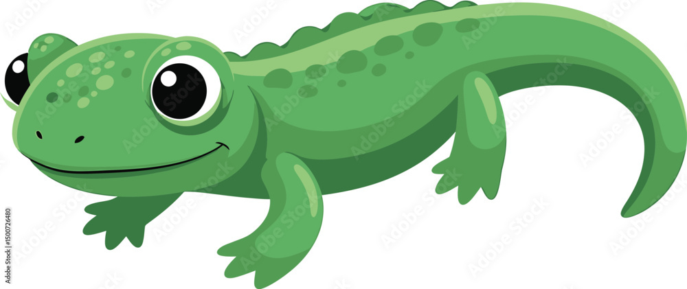 Fototapeta premium cute, green, lizard, cartoon character, smiling, adorable, cheerful, digital art, 4k, highly detailed, vibrant colors, dynamic pose, whimsical, fantasy, illustration
