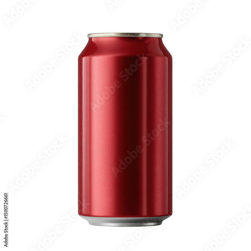 A single red aluminum can stands upright against a stark transparent background in a studio setting