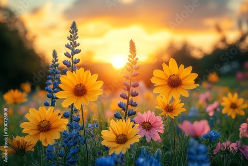 Fototapeta Naklejka Na Ścianę i Meble -  Sunset wildflowers meadow summer nature