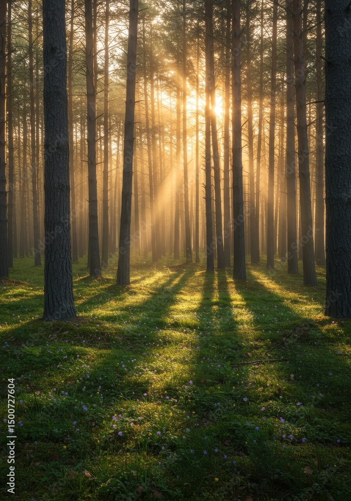 Naklejka premium Photo of a Forest with Sunlight Shining through Trees and Haze