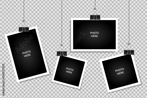 Photo Frames Hanging on Clips. Realistic Blank Memories Display for Wall, Isolated Template