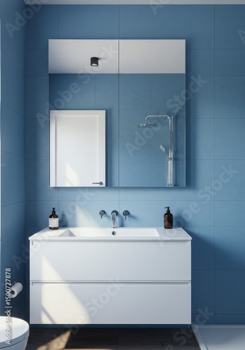 Wallpaper Mural Photo Modern Bathroom Interior White Sink And Blue Wall And Mirror Design Torontodigital.ca