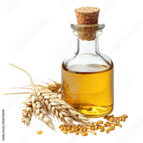 Golden Wheat Germ Oil in Glass Bottle with Wheat Grains