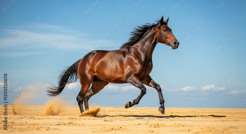 Powerful American Quarter Horse galloping on sandy beach at sunrise with ocean in the background
Powerful American Quarter Horse galloping on sandy beach at sunrise with ocean in the background