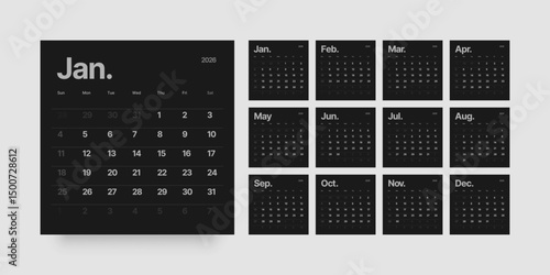 Monthly calendar layout for 2026 year. Planner Square diary for 2026 year in dark color. Week Starts on Sunday. 