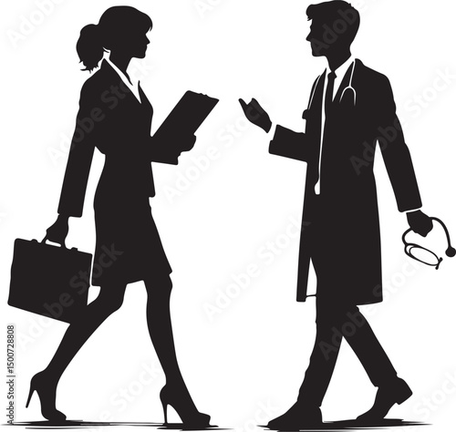 Silhouette of a businesswoman with briefcase and doctor with stethoscope meeting