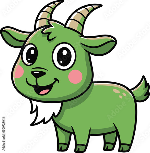 cute cartoon goat, green goat with big eyes, adorable goat character, happy goat illustration, whimsical goat digital art, goat with horns cute design, goat with soft fur texture, playful goat animal 