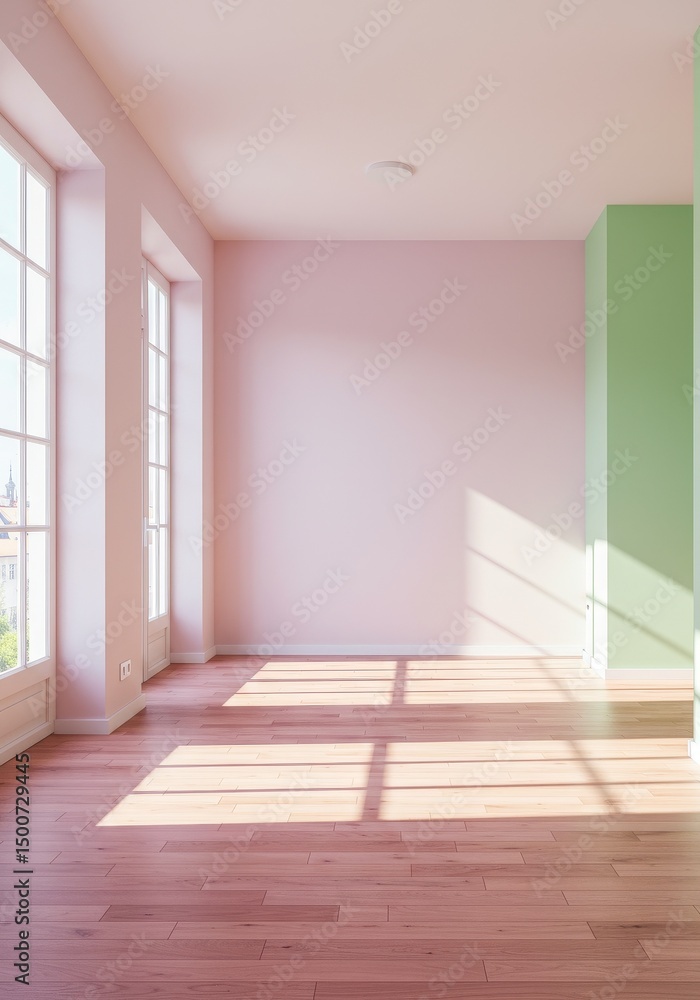 Obraz premium Photo Of A Bright Empty Room With Sunlight Shining Through Windows and Wooden Floor