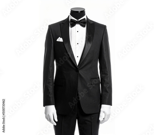 Headless black tuxedo with satin lapels, white shirt, and black bow tie — front view