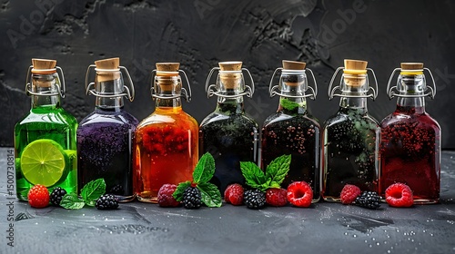 Ready for Mixing Drinks, a Selection of Colorful Fruit Syrups in Bottles