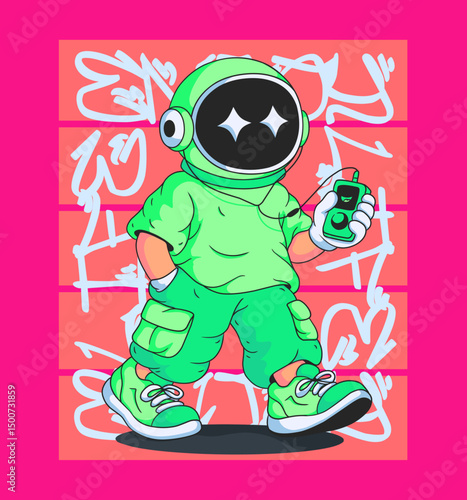 Casual Astronaut Character Walking Listening to Music, for Urban Streetwear T-shirt and Poster Art Design