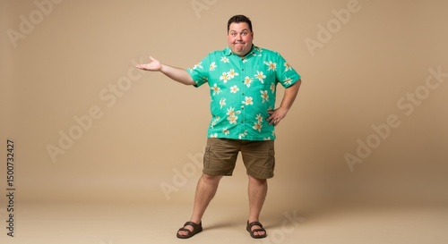 Photo of a Man in Hawaiian Shirt and Shorts Presenting Smiling in Studio