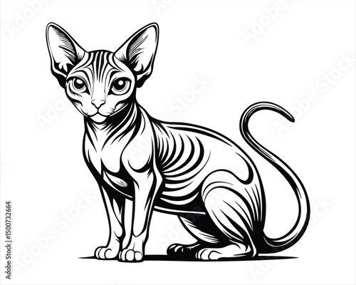 Sphynx Cat Black Ink Vector – Hairless Cat Line Drawing for Modern Coloring Projects