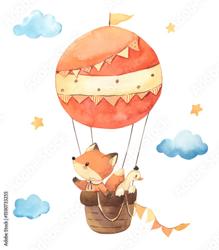 Watercolor fox and goose in hot air balloon, star, cloud illustration for kids