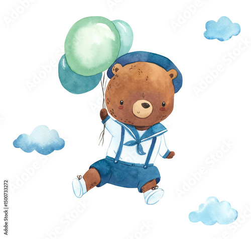 Watercolor bear on balloon, cloud illustration for kids
