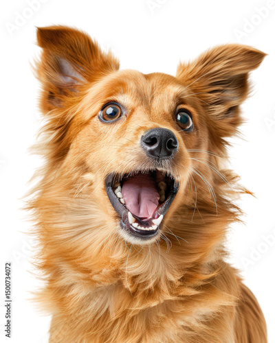 Excited fluffy golden retriever puppy with bright eyes and open mouth, showcasing joyful expression. This adorable dog radiates happiness and warmth, perfect for pet lovers