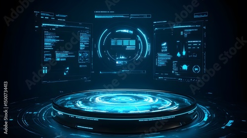 Futuristic display platform with glowing interface elements.