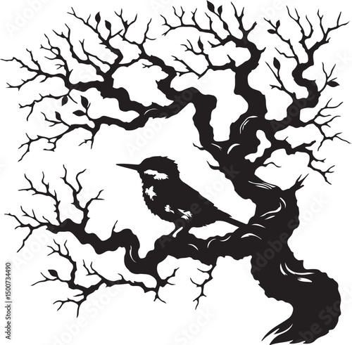 A monochrome illustration of a bird perched on a gnarled tree with sparse leaves