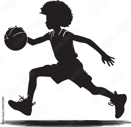 Silhouette of a young basketball player in action dribbling the ball on white background