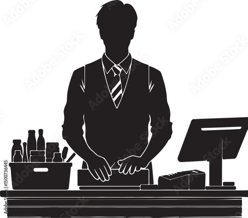 Silhouette of a cashier at a counter with a basket of goods and a pos system next to him