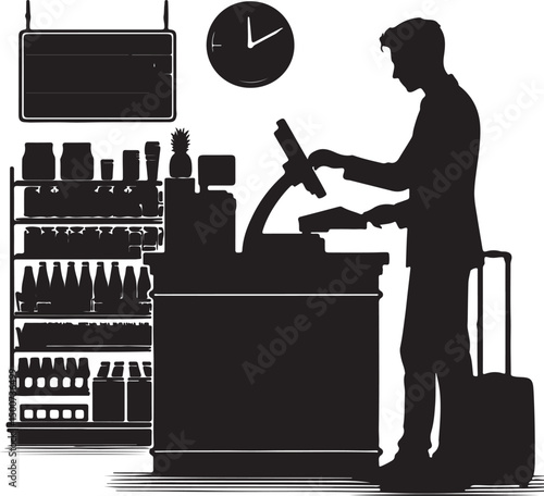 Silhouette of man at checkout with suitcase, clock, and shelves of goods behind him