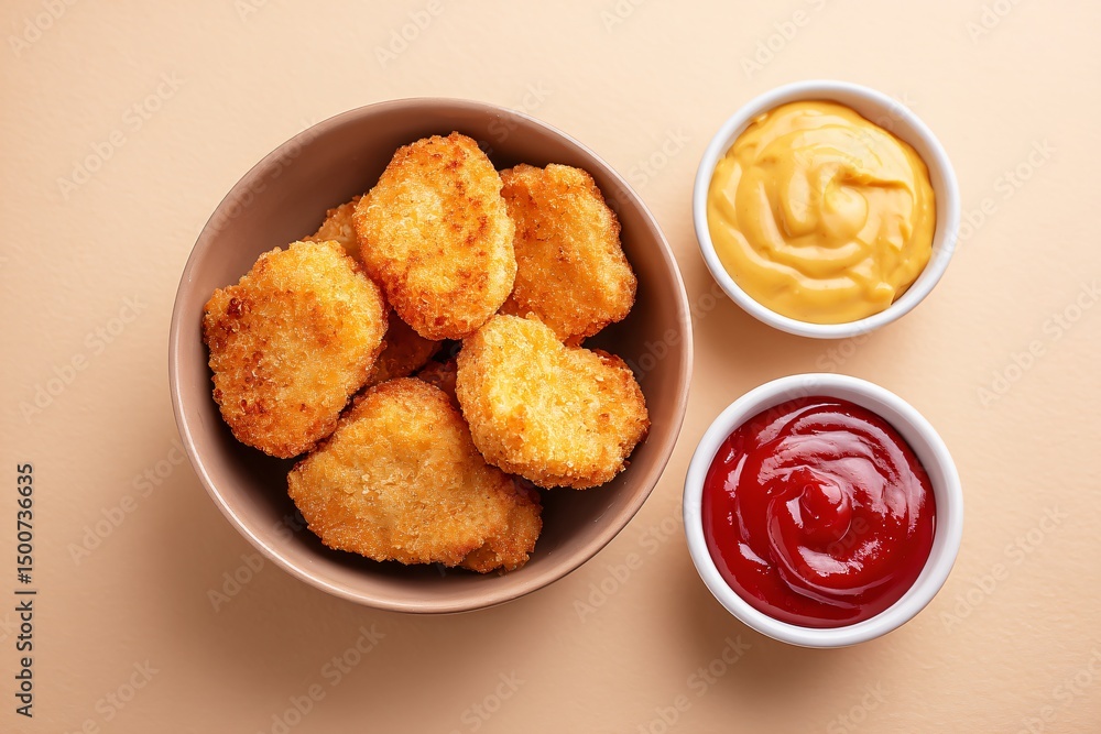 Golden Fried Chicken Nuggets with Sauces: An overhead shot showcasing crispy, golden chicken nuggets in a bowl, accompanied by vibrant ketchup and mustard, inviting a delightful culinary experience. Golden Fried Chicken Nuggets with Sauces: An overhead shot showcasing crispy, golden chicken nuggets in a bowl, accompanied by vibrant ketchup and mustard, inviting a delightful culinary experience.