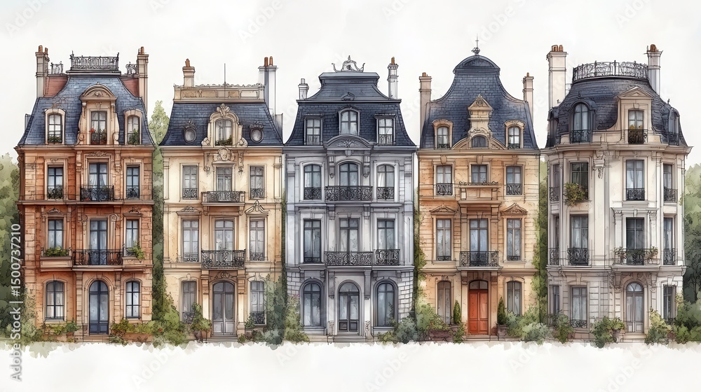 Fototapeta premium Row of ornate, colorful buildings with trees behind in a European style