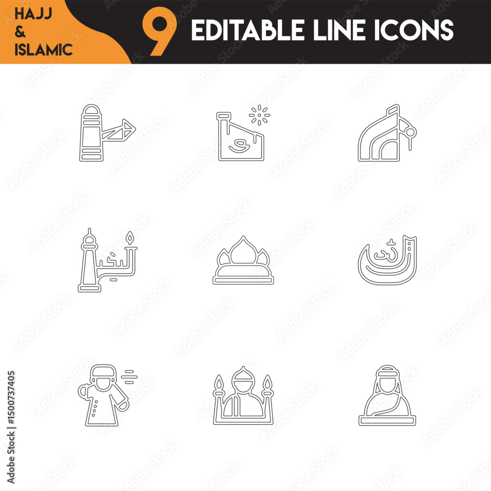Islamic, Eid and Holy Pilgrimage Icons Set in Outline Vector for Creatives. Islamic, Eid and Holy Pilgrimage Icons Set in Outline Vector for Creatives.