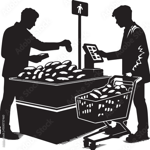 Silhouette of two people buying potatoes at a self checkout in a supermarket