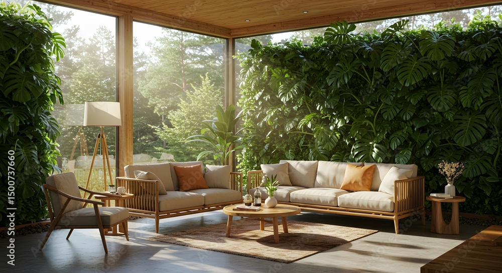 Fototapeta premium Living Room with Green Wall and Natural Light Filled Interior