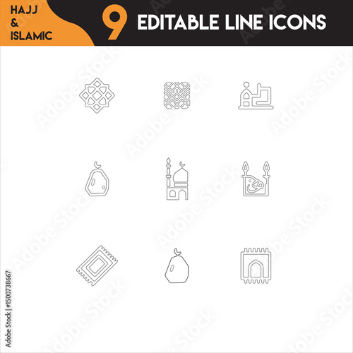  Editable Outline Icons Set for Ramadan, Eid, and Hajj Design.