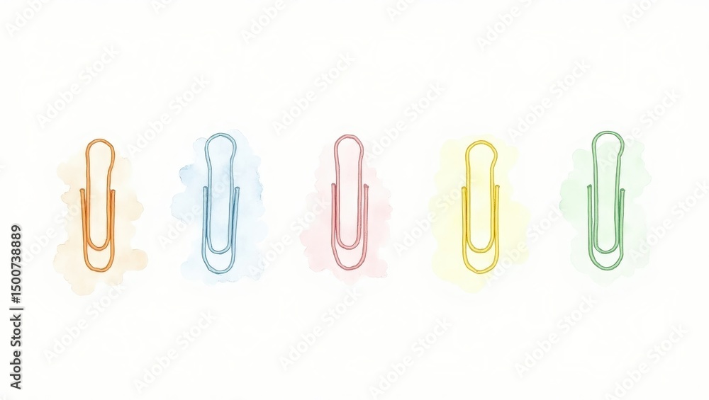 Obraz premium Colorful Paperclips Watercolor Illustration Stationery Design Office Supplies Pastel Colors