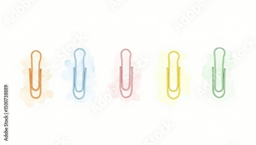 Colorful Paperclips Watercolor Illustration Stationery Design Office Supplies Pastel Colors