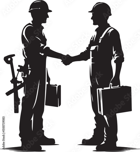 Silhouette of two construction workers shaking hands with toolboxes in black and white