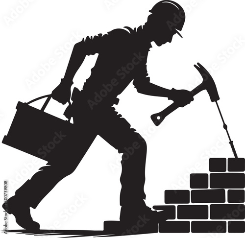 Silhouette of construction worker climbing brick steps with hammer and toolbox in hand
