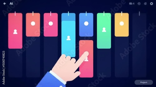 An AI assistant smoothly moves project cards in a digital kanban board. The animation flows gently, camera slides across interface panels.