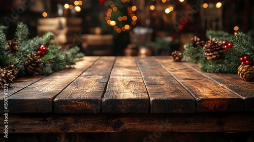 Rustic wooden table with festive pine accents and blurred lights create a holiday ambience