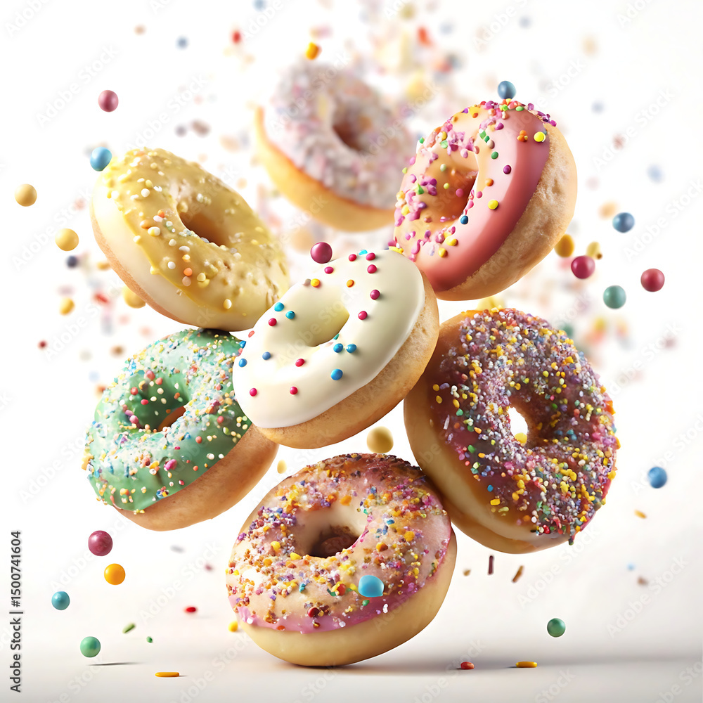 Delicious pink frosted donuts with colorful sprinkles, a sweet and unhealthy baked pastry snack Delicious pink frosted donuts with colorful sprinkles, a sweet and unhealthy baked pastry snack