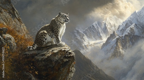 Snow leopard perched on rocky ledge in high Himalayas, wind in fur, majestic and elusive, misty peaks behind 