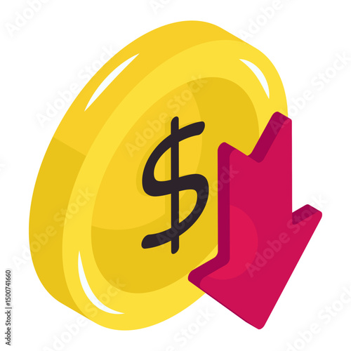 Dollar coin with down arrow, icon of deflation 