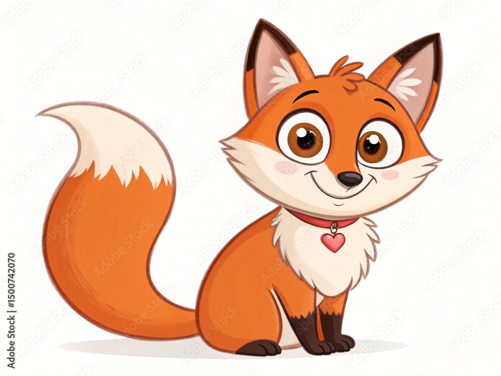 Obraz premium Adorable Cartoon Fox with Bushy Tail Sitting Wearing a Heart Necklace
