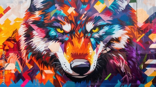 Vibrant street mural featuring wild animals wolves, bears, panthers abstract graffiti style, urban wall texture 
