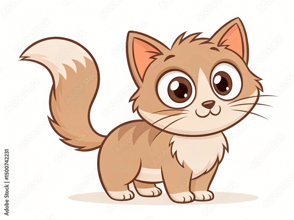 Fototapeta premium Adorable Cartoon Kitten Cute Brown Tabby Cat Big Eyes Fluffy Tail Pet Illustration