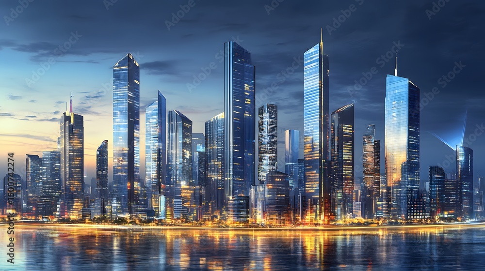 Fototapeta premium Modern city skyline at twilight reflecting on the water.