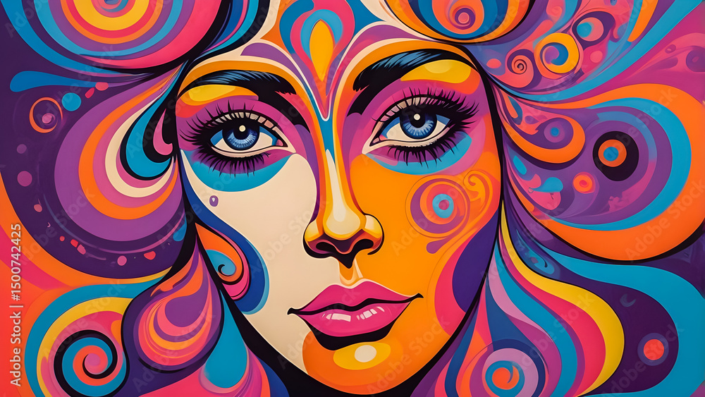 Fototapeta A psychedelic poster-style image featuring a vividly illustrated woman’s face, bursting with vibrant colors — pink, orange, lilac, and deep violet.	