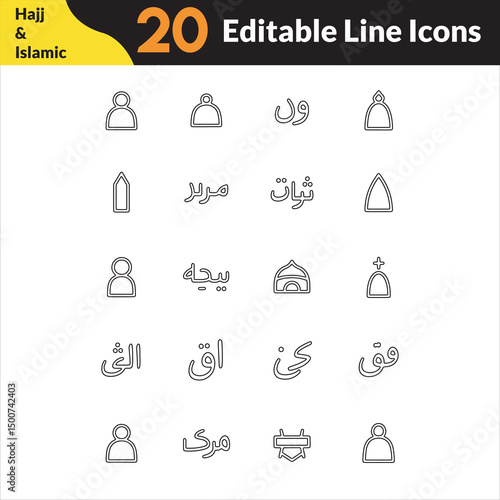 Eid, Hajj and Umrah vector outline Icons set in Thin Line Vector Format.