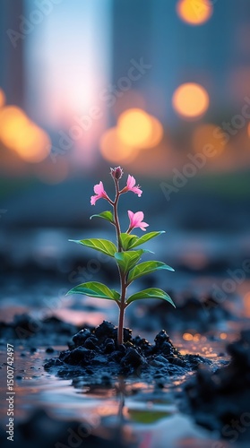 Delicate pink flower sprouting from muddy street, capturing contrast between nature and city life, with bokeh lights enhancing the concept of growth and hope

