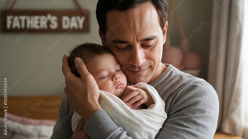 Obraz premium New Father Embracing Newborn – Father’s Day First Moments