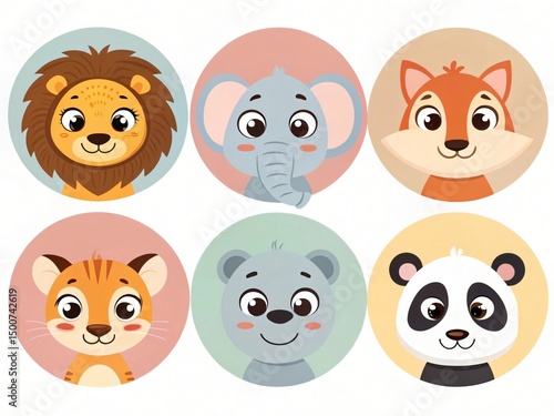 Fototapeta Naklejka Na Ścianę i Meble -  Adorable Cartoon Animals Lion Elephant Fox Tiger Bear Panda Portraits